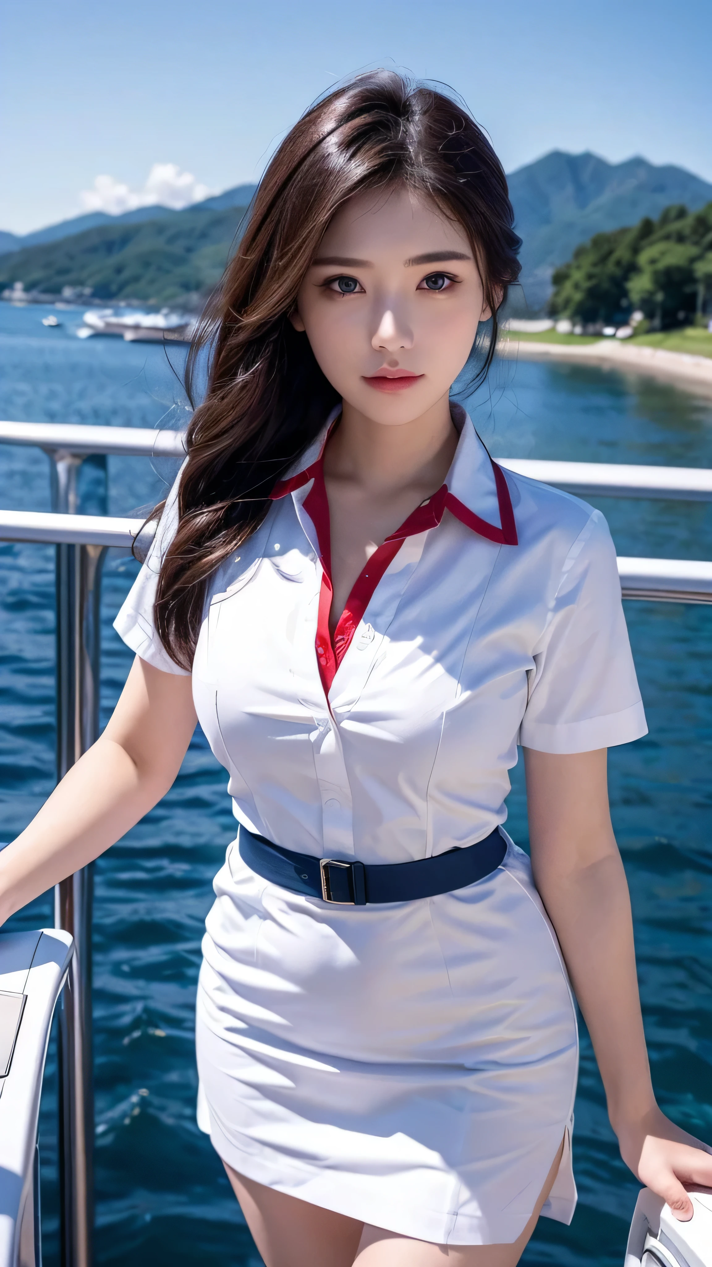  high-definition picture ,top quality, masterpiece, 8k,  Ultra Fine, ( photorealistic : 1.4),  1 girl,  beautiful faces,  symmetrical eyes, big,  perfect body proportions, white stewardess uniform,  red shirt、 Viewers' Perspective, (In-flight: 1.2), Front View, ( on the boat deck and look at the camera),  absolute domain (1.3),Detailed images of what the in-flight looks like。