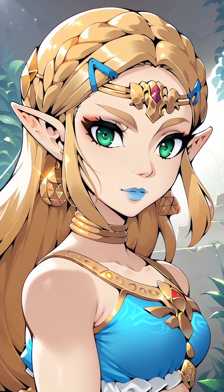 score_9, score_8_up, score_7_up, score_6_up, geewhy_style, princess Zelda,
1girl, solo, looking at viewer, jewelry, , long hair, green eyes, blonde hair, pointy ears, light-skinned female, makeup, lipstick,  neck ring, blue lips, breasts, bare shoulders,  crop top
cowboy shot, dutch angle, light smile, 
