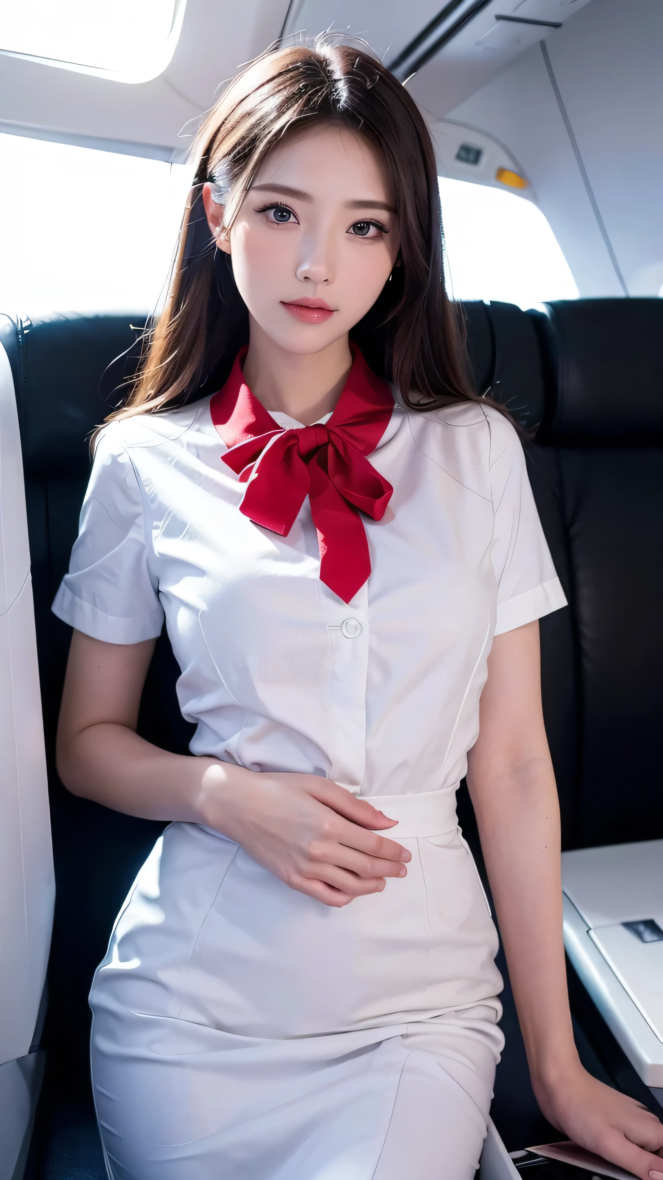  high-definition picture ,top quality, masterpiece, 8k,  Ultra Fine, ( photorealistic : 1.4),  1 girl,  beautiful faces,  symmetrical eyes, big,  perfect body proportions, white stewardess uniform,  red shirt、 Viewers' Perspective, (In-flight: 1.2), Front View, ( on the boat deck and look at the camera),  absolute domain (1.3),Detailed images of what the in-flight looks like。