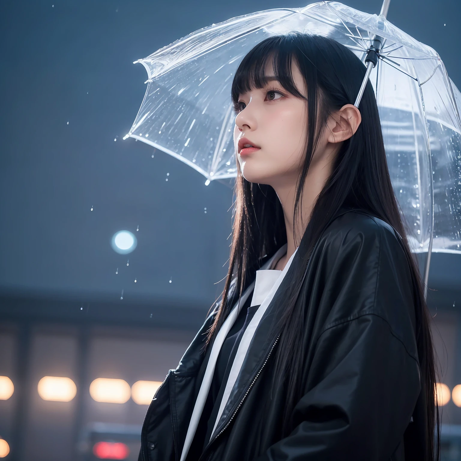  Girl with straight long black hair , long fringe covering the forehead , , minissaia jeans,  black jacket white collar,  black ball ,  gray eyes, expressionless face, delicate face, (two),(rainy night with fog),  the girl holds a red umbrella , Very strong moonlight , A is crying , (bangs covering the entire forehead), girl is waiting at the bus stop , Straight and smooth bangs , Long straight straight hair , completely straight hair,  side view, station ,  detailed background , bluish filter with a sense of nostalgia ,  photograph in the style of an Asian movie scene from the 2000s