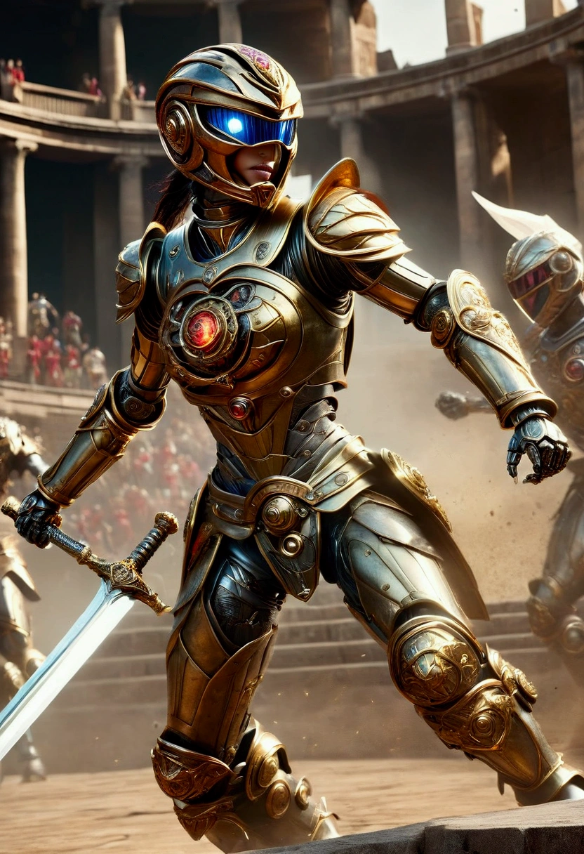 (female (Robot of power rangers)) wearing roman gladiator armor, the robot is fighting another robot, the robots are fighting in a gladiator arena, photorealistic, (A mechanical gladiator who fights with a large sword in an ancient Roman amphitheater),(Ancient Roman Armor 　Attire), a highly detailed full body shot of a robot gladiator, intricate mechanical parts and mechanisms, holding great sword in cut attack, dynamic fight pose, gladiator arena, fighting on a sci-fi arena with other gladiators, arena is full of crowd, cinematic dramatic lighting, ominous dark atmosphere, photorealistic, 8k, ultra-detailed, hyper-realistic, dynamic and intense action pose, glowing energy effects, masterpiece