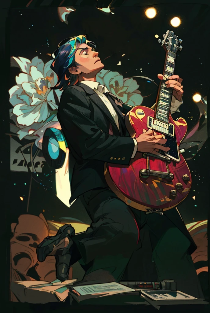 arafed man in a suit holding a guitar on a stage, from a movie scene, promo still, john berkley, playing a gibson les paul guitar, vince vaughn as jack fenton, johnny cash, clean from scene from twin peaks, from scene from twin peaks, scene!!, the rock and roll emperor, 1 9 8 9 movie still, promo shot, (Masterpiece), (best detail), (Best quality), Detailed facial features, milky ways, glitters, Particle, Wind, flower, hair adornments, multicolored hair, Solo, jewelry, Starry sky, sky, (stars), Milky Way, Young and good-looking