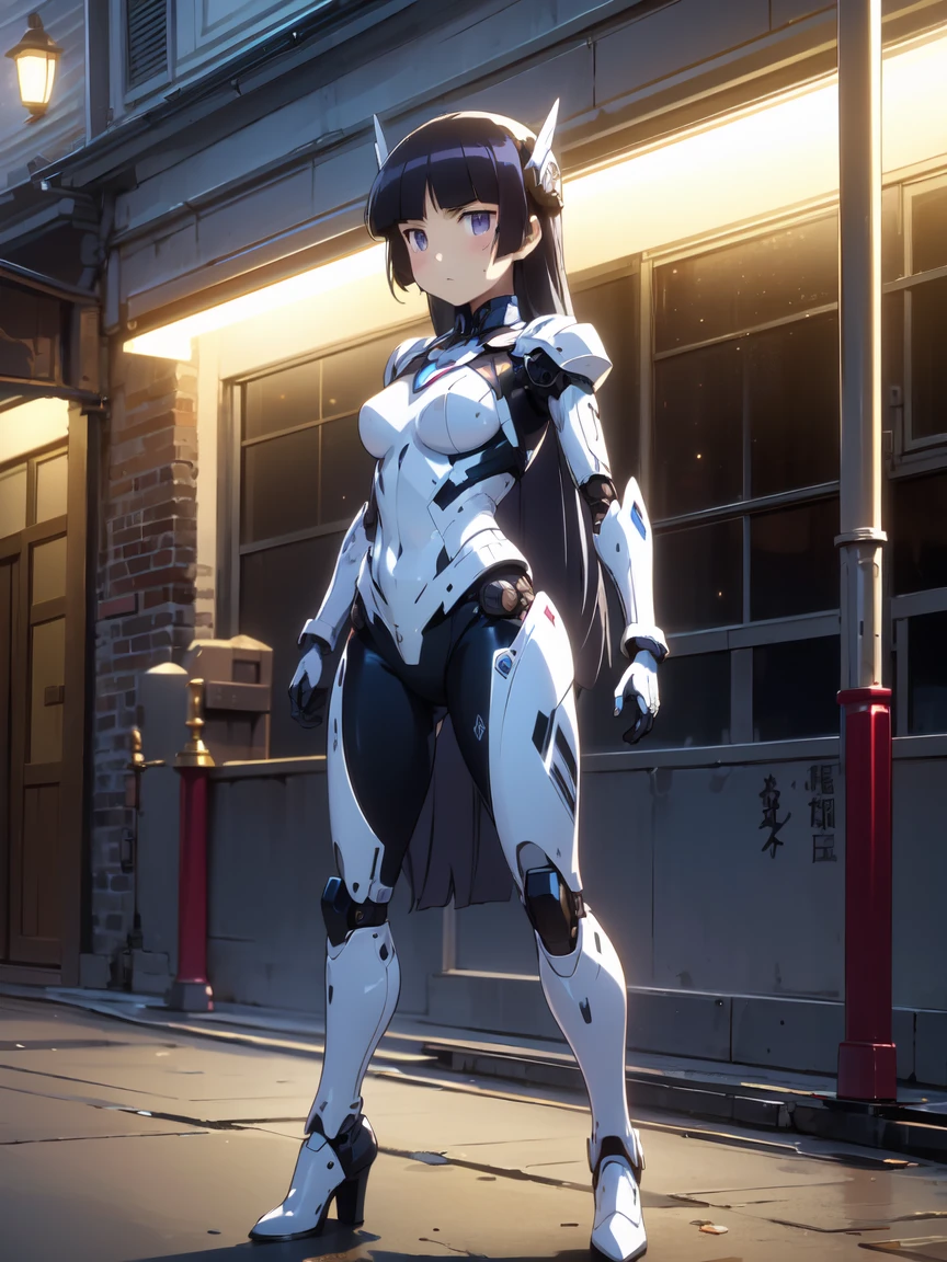  1 girl, Alone, (ruri gokou), hime cut,  long hair, mole, mole under eye, ((ロボットsword闘士)),  gloves, ((sword)),  helmet ,(armor:1), Body Suit,  helmet , mask , Power Range Remel、Shiny Clothes 、パワーレンジャーBody Suit、 Pro Pictures、 cinematic lighting,  full body