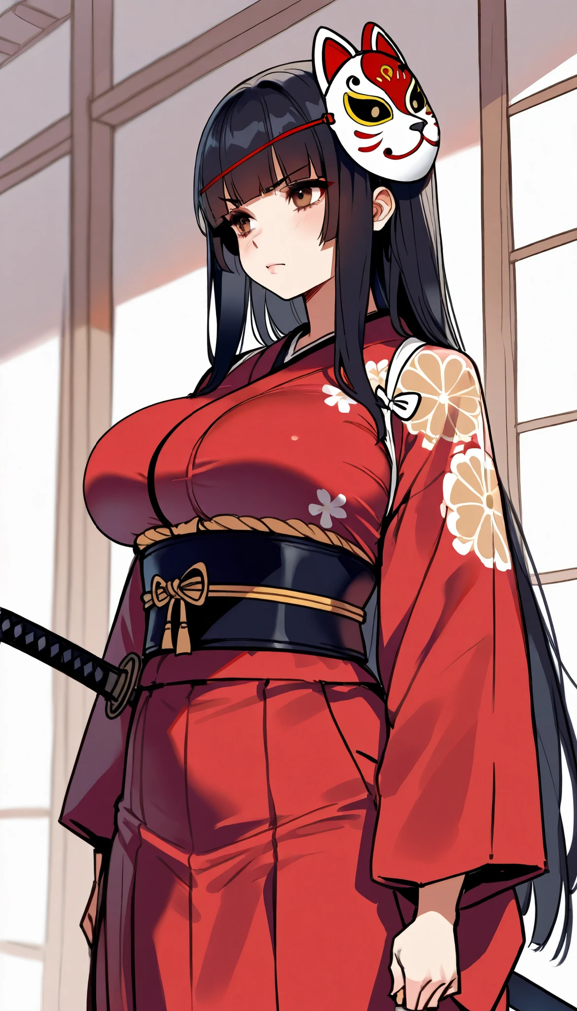 Anime girl in red kimono with a sword and a cat mask - SeaArt AI