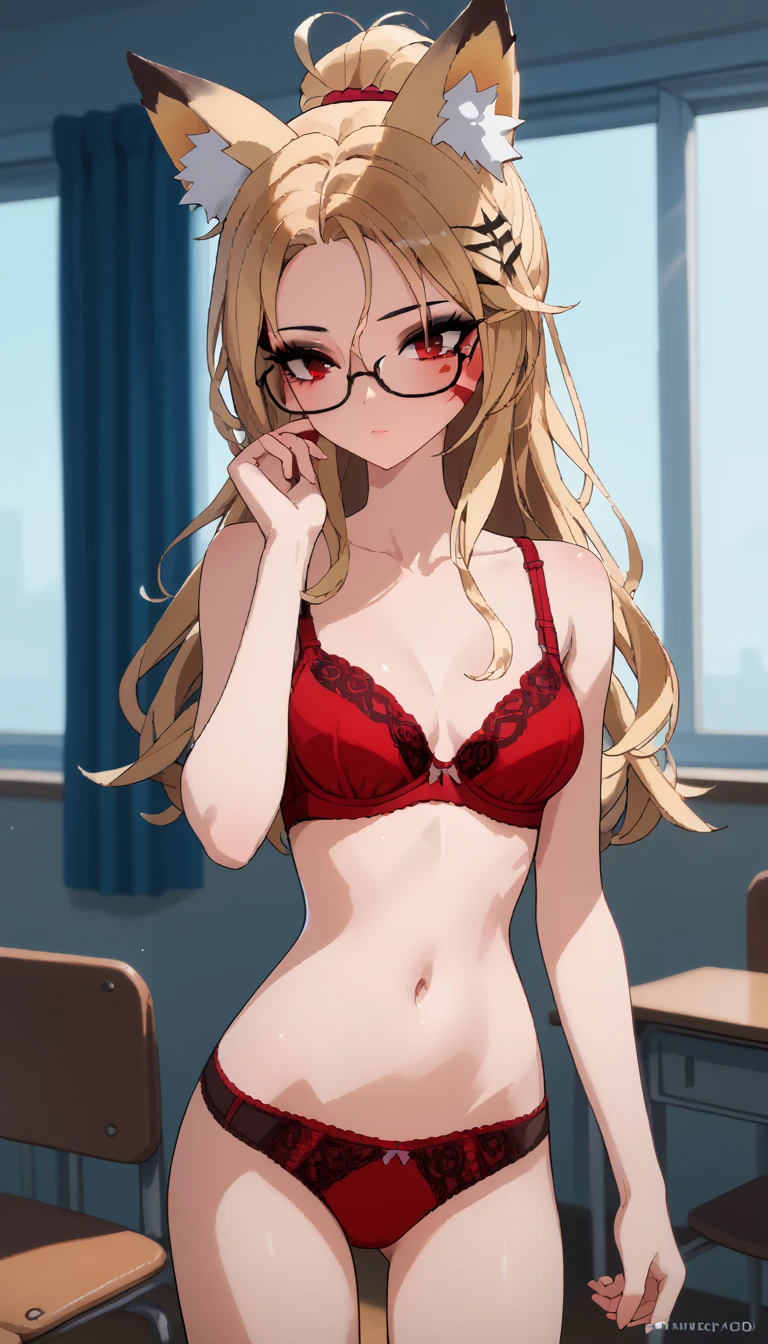   bare shoulders are visible,  1 girl fights,  long blond hair, brown hair , 4K,  red eyes , , fox ears,  standing device, hair template ,   red stripes on face, makeup,   black mascara , bra , glasses, at school,  blonde ,  thin waist, panties