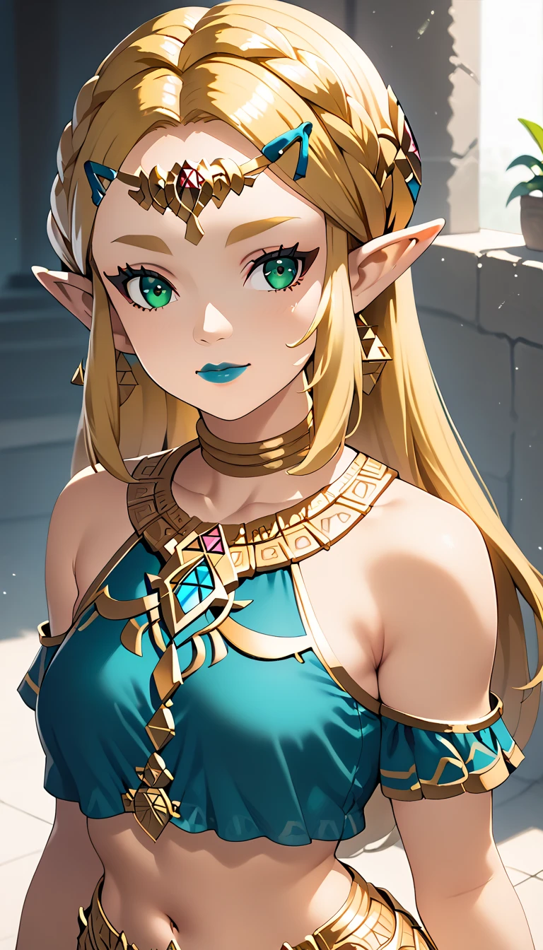 score_9, score_8_up, score_7_up, score_6_up, geewhy_style, princess Zelda,
1girl, solo, looking at viewer, jewelry, , long hair, green eyes, blonde hair, pointy ears, light-skinned female, makeup, lipstick,  neck ring, blue lips, breasts, bare shoulders,  crop top
cowboy shot, dutch angle, light smile, 
