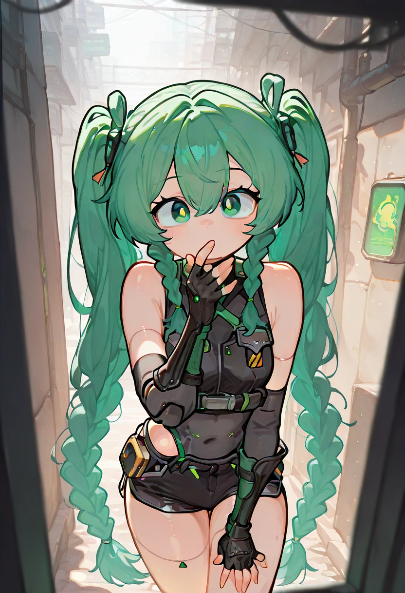 qingyiSDXL,1girl,long hair,gloves,bare shoulders,twintails,very long hair,green eyes,braid,green hair,shorts,black gloves,fingerless gloves,twin braids,crop top,short shorts,black shorts,joints