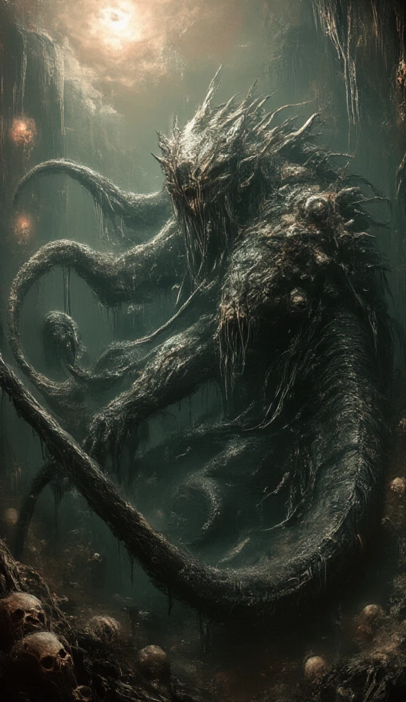 ,HP.Lovecraft,  image of a super deep lake ,vague underwater , cloudy water, a colossal abyssal reptilian dragon swimming under it ,  completely submerged ,  large hybrid form Eldritch , long and bulky shape , spooky and distorted coral,  supernatural underwater being , scales and fins , long tail like fish , small tentacles ,claws,Teeth, chimera,eyes,  high contrast between below coral and above the water ,  warm color on top ,  but cold color underneath ,  some island on the surface ,bright sun, skull