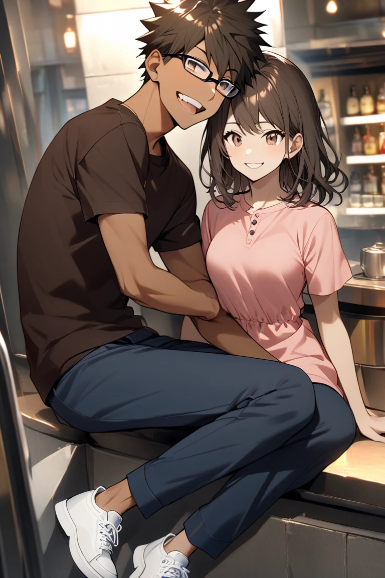 A boy, black hair, short hair, brown eyes, dark skin, black glasses, smile, dark red shirt, short sleeve, blue pants, dark gray shoes, and a girl, dark brown hair, long hair, brown eyes, blue pants, light skin, normal breasts, smile, pink shirt, long sleeve, dark blue pants, white shoes