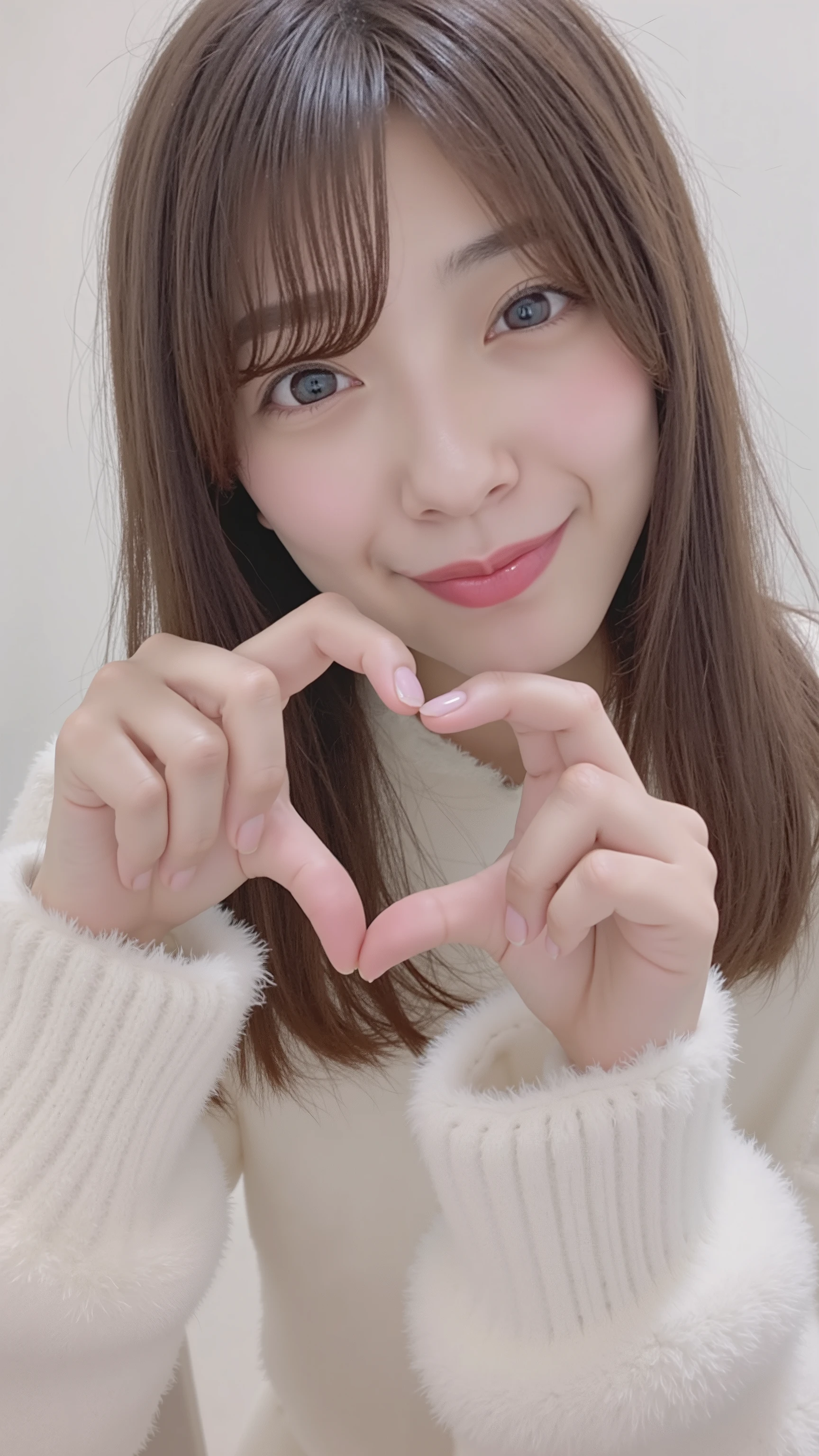     high res、 With a cute smile、     fluffy off-shoulder pajamas,     make a big heart with both hands    , Hold it in front of your chest       ,    it becomes transparent when you look above your neck 、It becomes transparent when you stare at it  、     It's on a solid color background   

 