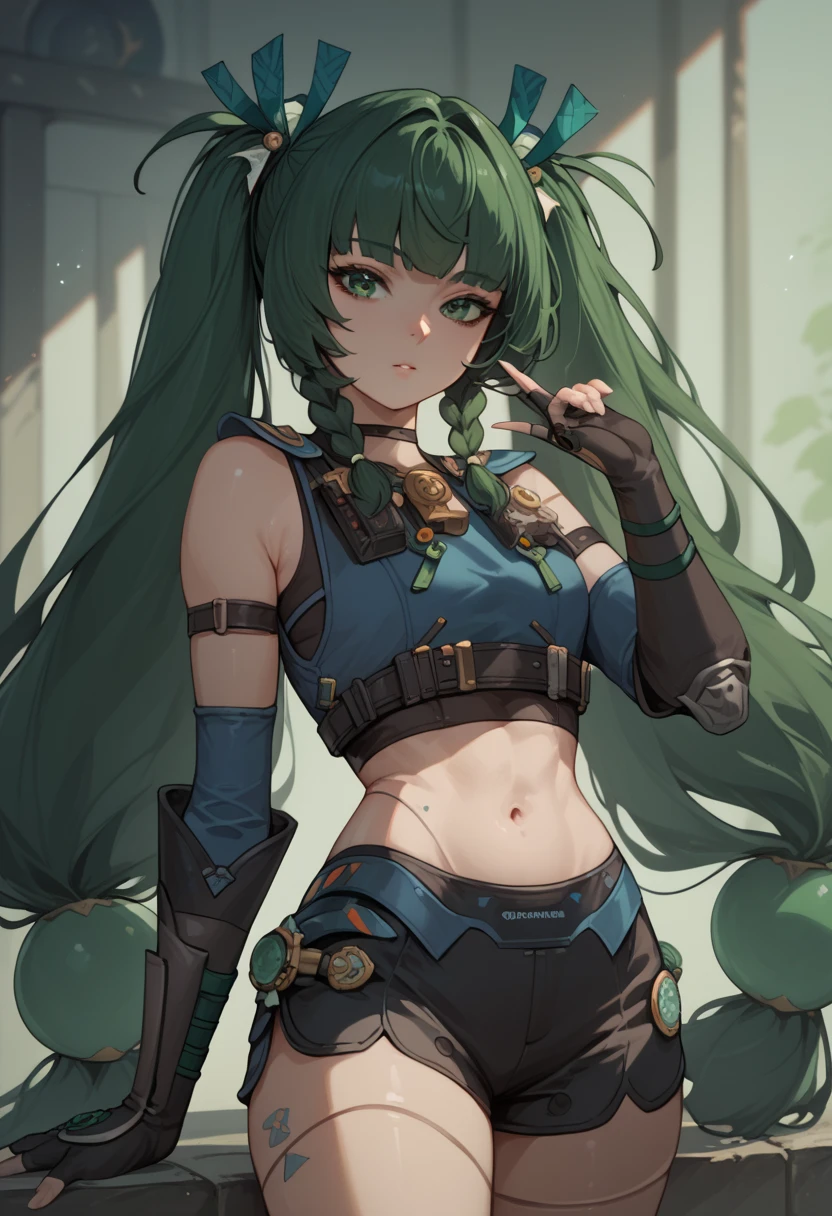 qingyiSDXL,1girl,long hair,gloves,bare shoulders,twintails,very long hair,green eyes,braid,green hair,shorts,black gloves,fingerless gloves,twin braids,crop top,short shorts,black shorts,joints