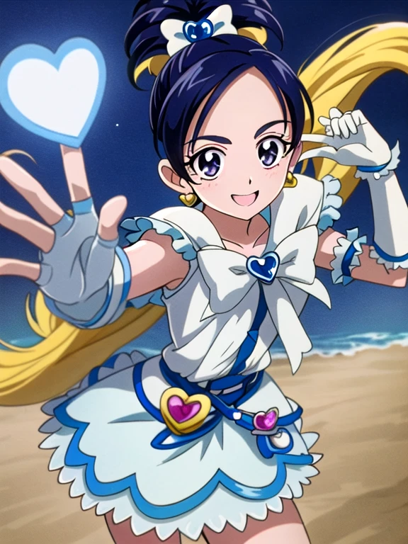 (masterpiece), 最 High Quality , (Cel animation), 最 High Quality , (( high detail:1.2)), ( high res), (Cinematic Light:1.1),  high res,  1 girl, Alone, (Cure White:1.5),(:1.5),  High Quality , Alone, Night Sky,  Beach , { cross arms above head},   opposed,   closed mouth ,  spread your arms, ( shot by a cowboy :1.5),  Watch Viewers , smile,   half up ,   jewelry,   earrings for women with first name,  dress, white  dress,  Magical Girl, heart broochfrills, ribbon, bow,  black hair, arm warmers,  Blue Hair, heart  earrings for women with first name,  dark eyes,  gloves,  hair accessories, smile,