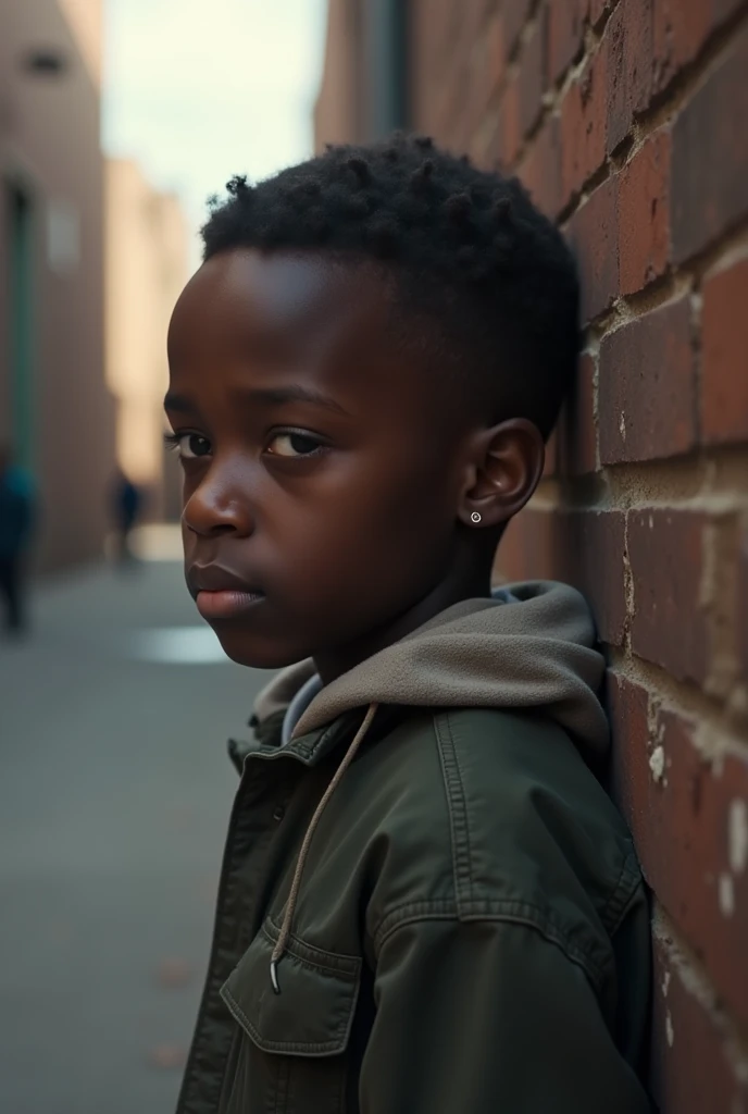 a poor african american boy crying on the street, hyper realistic, extremely detailed facial features, photorealistic, cinematic lighting, highly detailed, emotional expression, dirty clothes, urban background, rainy weather, street, puddles, sad, melancholic, 1 boy, realistic, cinematic, dramatic lighting, gritty, moody, dark tones