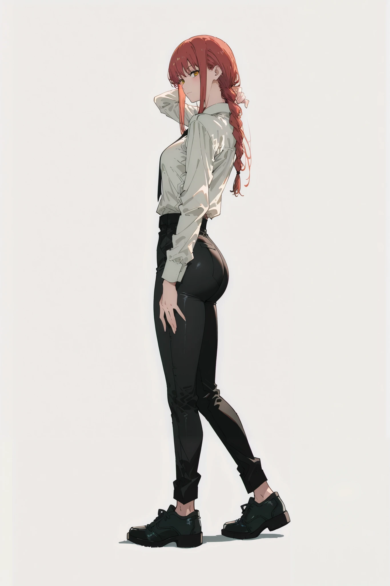 (Sh1r3n:1.2), 1girl, makima \(chainsaw man\), chainsaw man, 1girl, pose ass, pose side, ass, black pants, tight, white background, bottom, thighs, big ass, side pose, formal wear, white shirt, long sleeve shirt, black tie,formal shoes