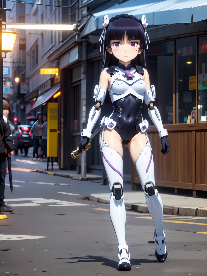  1 girl, Alone, (ruri gokou), hime cut,  long hair, mole, mole under eye, (((sword))), ((ロボットsword闘士)),  gloves,  helmet ,(armor:1), Body Suit,  helmet , mask , Power Range Remel、Shiny Clothes 、パワーレンジャーBody Suit、 Pro Pictures、 cinematic lighting,  full body