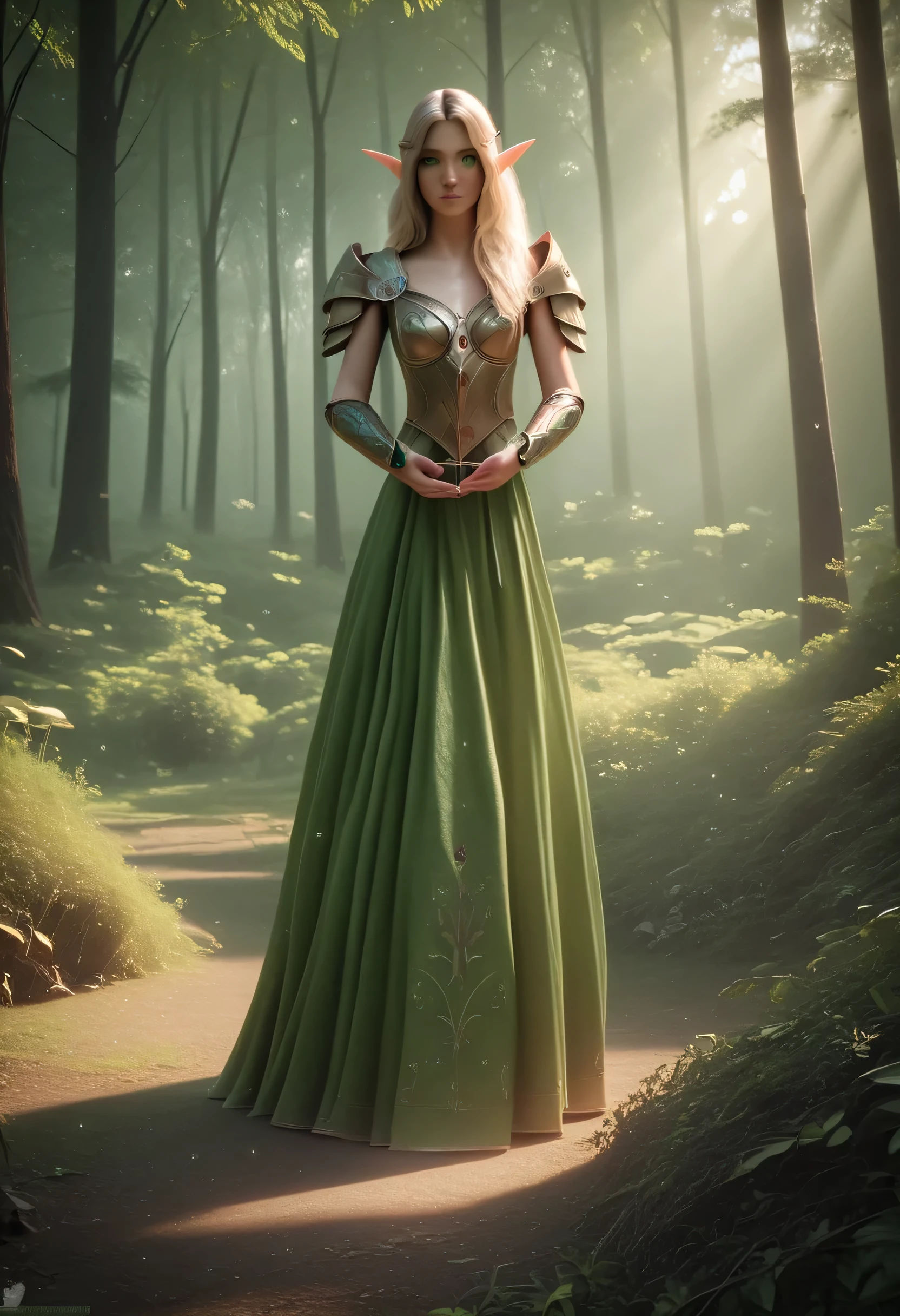 archer elf, 1girl, detailed facial features, beautiful green eyes, delicate pointed ears, long flowing hair, intricate elven armor, medieval fantasy, holding bow and arrow, standing in lush forest, sunlight filtering through trees, (best quality,4k,8k,highres,masterpiece:1.2),ultra-detailed,(realistic,photorealistic,photo-realistic:1.37),concept art, cinematic lighting, vibrant colors, dramatic composition