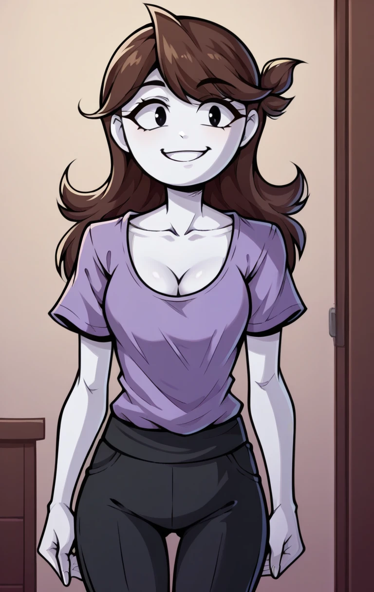 score_9,score_8_up,score_7_up BREAK jaidenSDXL,1girl,long hair,brown hair,black eyes,shirt,cleavage,collarbone,short sleeves,pants,black pants,white skin,purple shirt,cowboy shot,room,room background, smile,