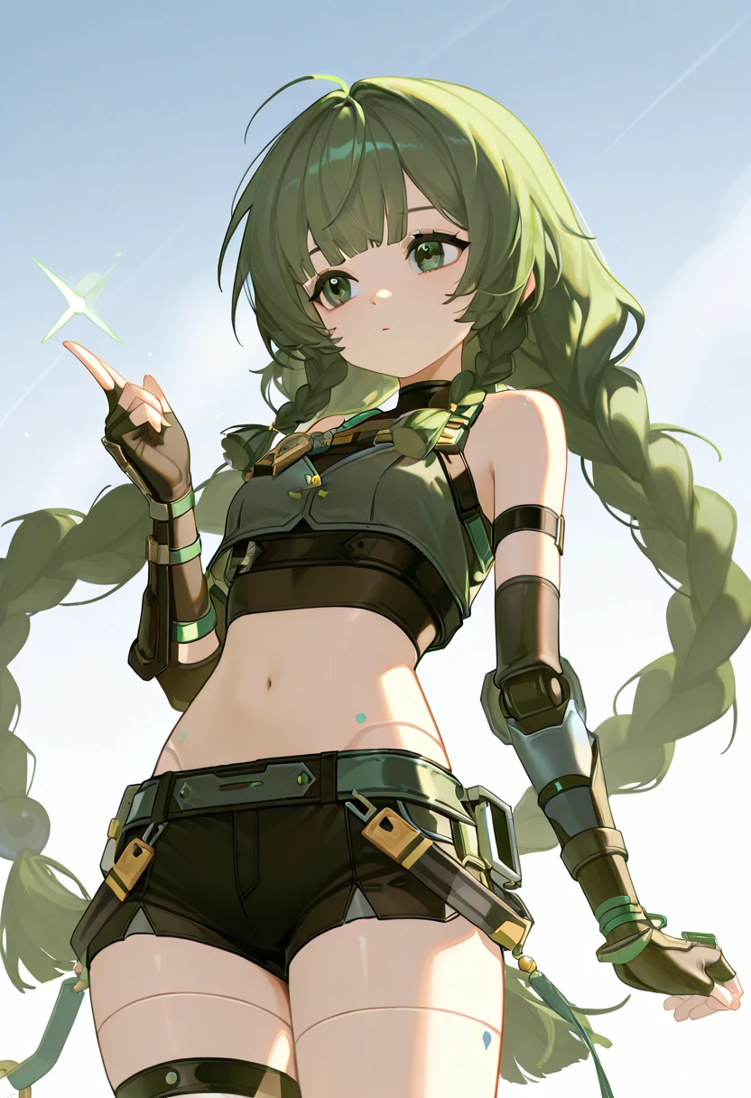 qingyiSDXL,1girl,long hair,gloves,bare shoulders,twintails,very long hair,green eyes,braid,green hair,shorts,black gloves,fingerless gloves,twin braids,crop top,short shorts,black shorts,joints