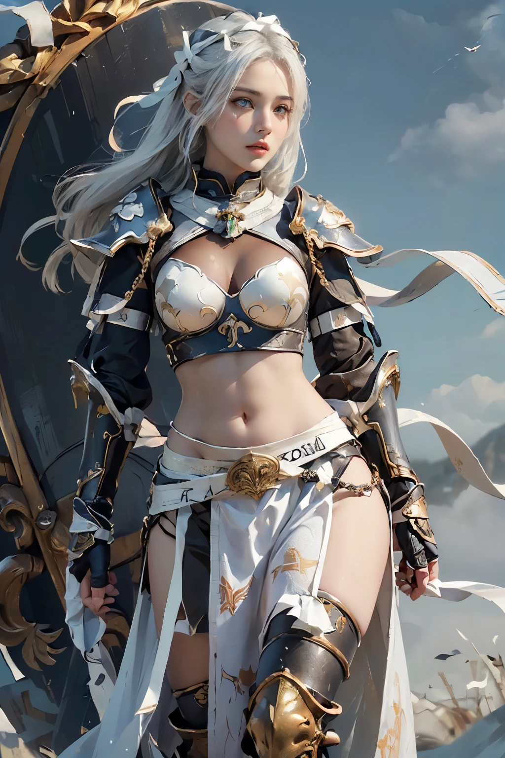 Una mujer sexy con una falda de armadura de encaje de loto blanco y rosa, sartén chengwei en artstation, por Yang J., detailed fantasy art, impresionante arte de personajes, fanart best art station, Exquisite and epic character art., hermosa armadura, extremely detailed artistic germ, arte de anime digital detallado, artgerm en artstation pixiv, chica armadura, escote pechos grandes:1.2, (mini falda:1,5)