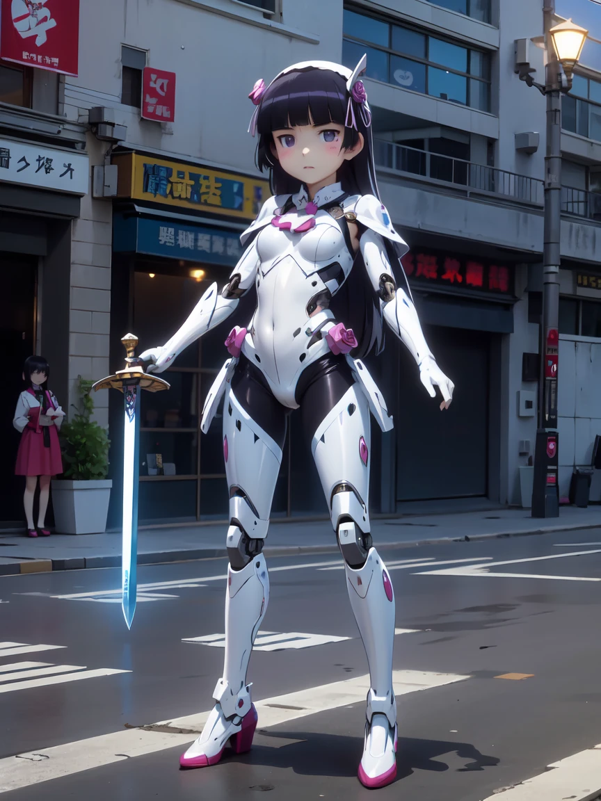  1 girl, Alone, (ruri gokou), hime cut,  long hair, mole, mole under eye, (((sword))), ((ロボットsword闘士)),  gloves,  helmet ,(armor:1), Body Suit,  helmet , mask , Power Range Remel、Shiny Clothes 、パワーレンジャーBody Suit、 Pro Pictures、 cinematic lighting,  full body