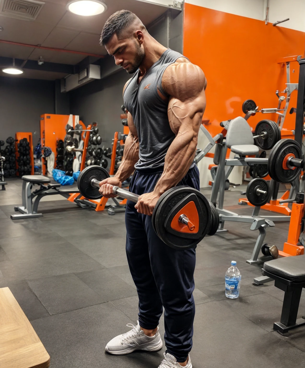 Eduardo training intensely at a weight training gym called skyfit, focused, sitting on the bench after high-load repetitions. Eduardo is preparing for the Mr event. Olympia 2024, which will be in October and says he will be top 1 champion in the classic physique category.