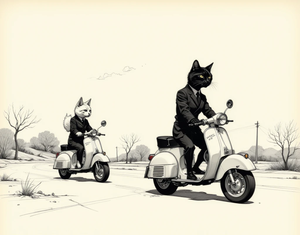 monochrome, long shot, The bipedal Shiba Inu black cat are each riding a Vespa 150vl1t1955、Vision、chibi anime, 2D Anime