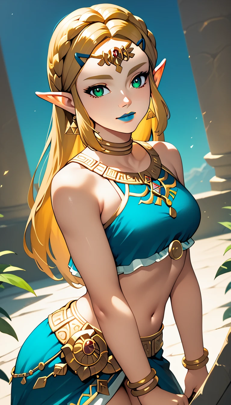 score_9, score_8_up, score_7_up, score_6_up, geewhy_style, princess Zelda,
1girl, solo, looking at viewer, jewelry, , long hair, green eyes, blonde hair, pointy ears, light-skinned female, makeup, lipstick,  neck ring, blue lips, breasts, bare shoulders,  crop top
cowboy shot, dutch angle, light smile, 
