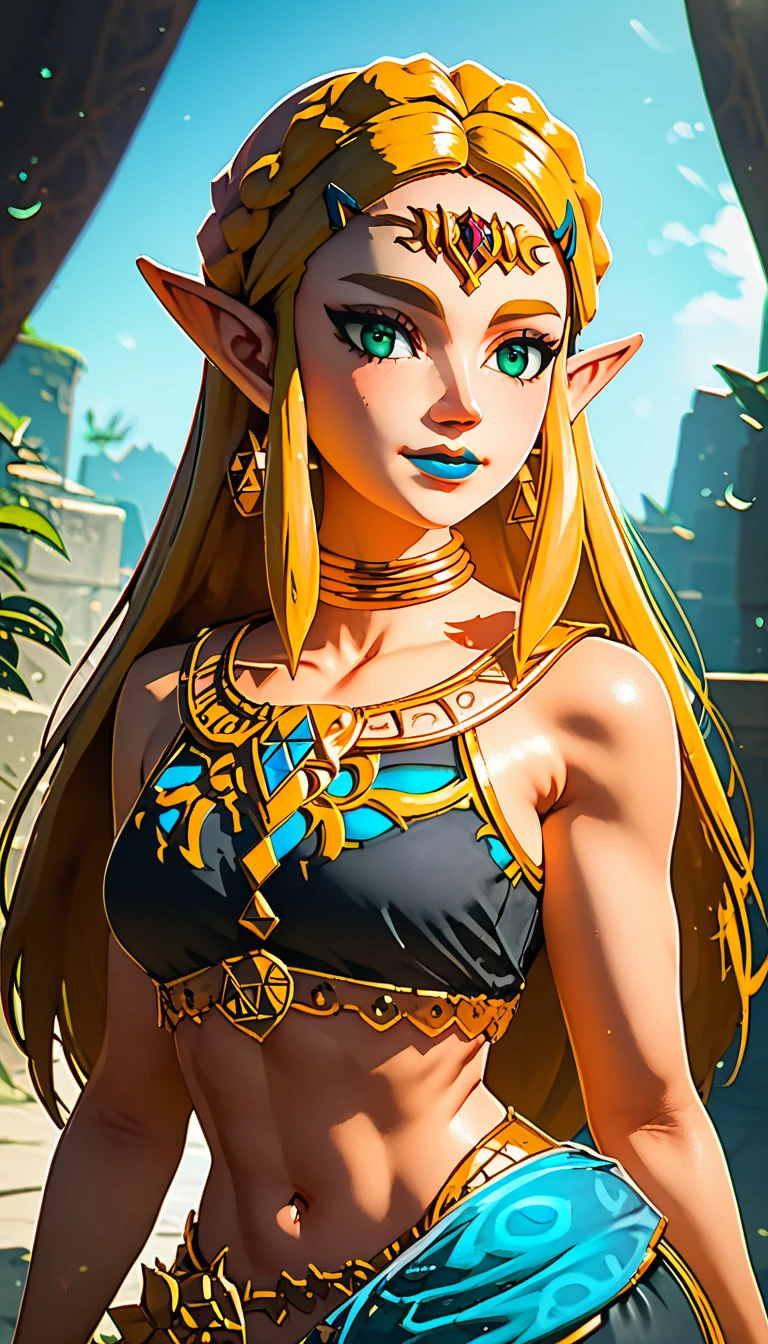 score_9, score_8_up, score_7_up, score_6_up, geewhy_style, princess Zelda,
1girl, solo, looking at viewer, jewelry, , long hair, green eyes, blonde hair, pointy ears, light-skinned female, makeup, lipstick,  neck ring, blue lips, breasts, bare shoulders,  crop top
cowboy shot, dutch angle, light smile, 
