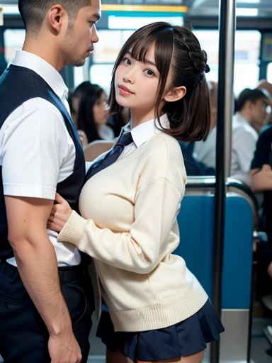 最high quality、high quality、Best image quality、8K、topless:1.4,Nipples are visible:1.5,Twin tails:1.smile、Pleated skirt,最High resolution、High resolution、最high quality、(One middle-aged man and one woman, Couple:1.5), (A man hugs a woman from behind:1.5),masterpiece、RAW Photos、whole body写真、Detailed and realistic human body、Detailed and realistic skin、Realistic face in every detail、Detailed and realistic eyes、Detailed and realistic lips、Detailed and realistic teeth、Detailed and realistic ears、Detailed and realistic hair、Detailed and realistic weapons、Realistic reproduction of every detail、Realistic fingers in every detail、(Beautiful Hands、thumb１reference４)、Realistic feet down to the last detail、((Beautiful Japanese Women))、(Japanese Model)、((21 year old beautiful woman))、(Black Hair)、(Straight hair)、((whole body))、(Slim and perfect figure)、(whole body光沢肌、Fair skin)、Detailed and realistic human body、Detailed and realistic skin、Realistic face in every detail、Detailed and realistic weapons、Realistic fingers in every detail、Detailed realistic feet、Soft natural light、Appropriate number of arms、Crowded train,Small areola:1.6