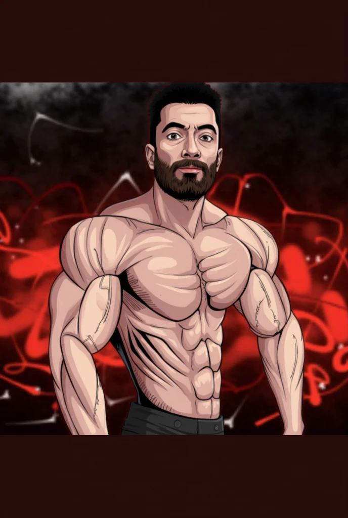 Homem forte, sem camisa com o fundo de uma praia