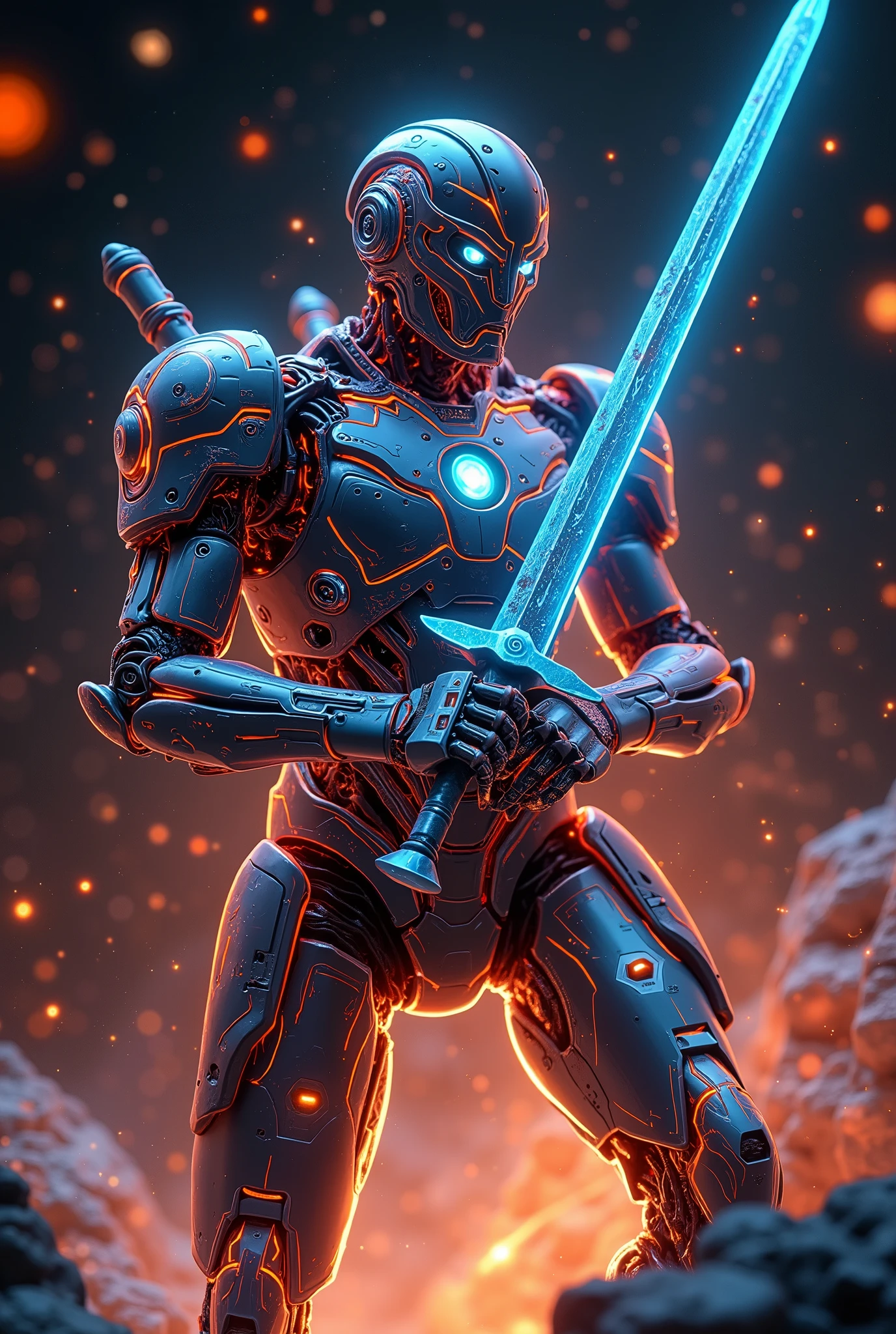 glow line art, a robot, solo, holding a sword, gladiator, analog, retro, antique, clockpunk, vivid color, cyberpunk, (attacking with sword:1.3, high-speed action real refraction), full body shot, (best quality,4k,8k,highres,masterpiece:1.2),ultra-detailed,(realistic,photorealistic,photo-realistic:1.37),extremely detailed eyes and face,beautiful detailed lips,longeyelashes,intricate details,dark moody lighting,warm color tones,dramatic shadows,cinematic composition