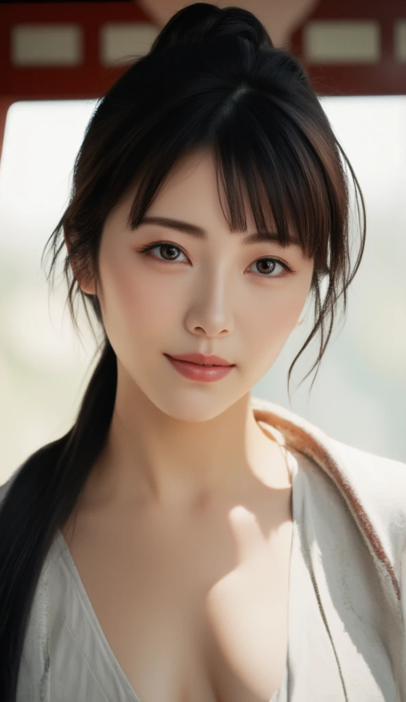 Lovely Japan woman (sheer, wet collared shirt), showing cleavage (8k, masterpiece, top quality, super high definition, photorealistic), small face, smile, beautiful detailed eyes, beautiful detailed nose, beautiful detailed lips, beautiful detailed face, gravure idol, big bust, model figure, wet body, white skin, close-up, sexy, necklace, small lips, korean makeup, shiny skin