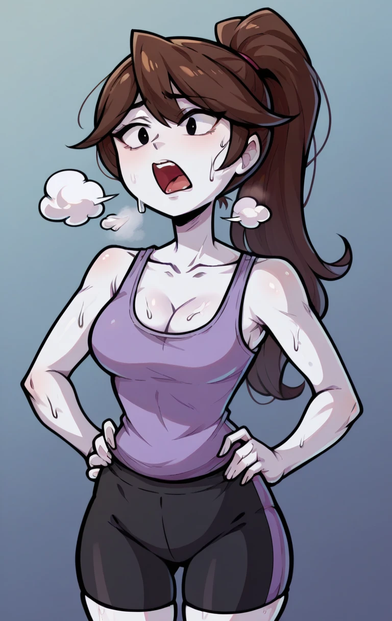 score_9,score_8_up,score_7_up BREAK jaidenSDXL,1girl,long hair, ponytail, brown hair,black eyes,shirt,cleavage,collarbone, black yoga shorts, white skin, purple tanktop, cowboy shot, gym background, out of breath, sweaty, open mouth, hands on hips, no ears