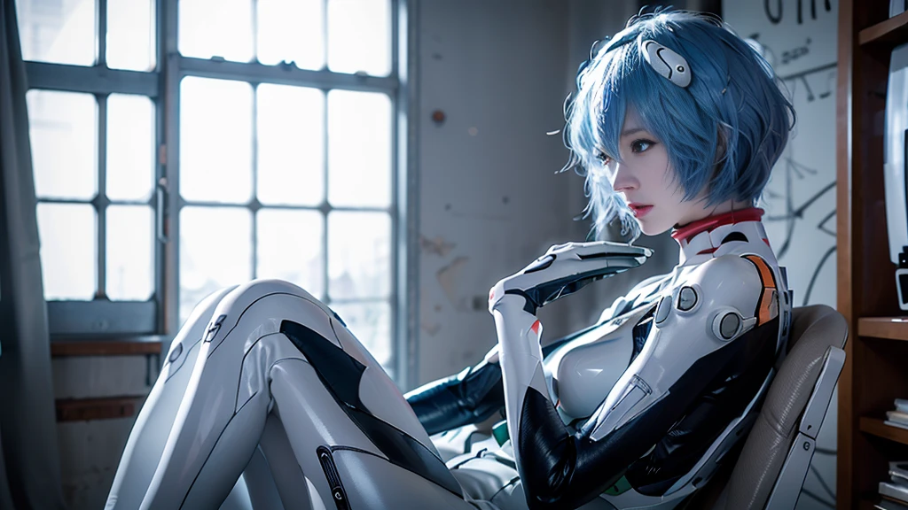 (8k,  RAW photos ,  top quality ,  refined details , masterpiece: 1.2), ( High Resolution 8K Wallpaper ),  Sharp Focus,   Professional Writing  ,  depth of field ,  cinematic lighting,  background blur , Evangelion Rei Ayanami.  She's a Japanese woman with blue hair ,  red eyes, White plug suit.  features a cool look with her futuristic background and realistic style. Quiet sci-fi vibe , full body,Only one person,