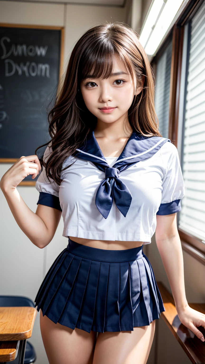 Photorealistic, Ultra-detailed, (Best Quality, 8K, 32K, masterpiece, UHD:1.2), Photo of 1970s erotic cute Hungarian model, summer sailor costume, short sleeve, pleated mini skirt, with panties, low-rise, navel, flat chest, (muscular, plump:1.3), long hair, upper teeth, outdoor, walking in train station platform, Eurostar, (stairs, from below:1.3),