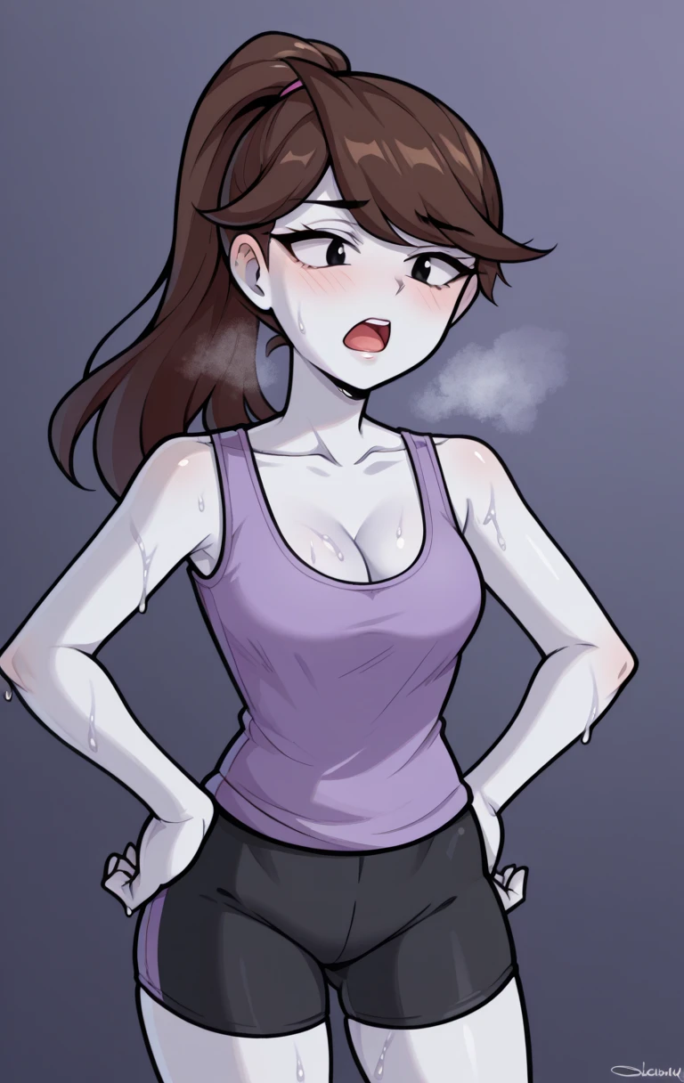 score_9,score_8_up,score_7_up BREAK jaidenSDXL,1girl,long hair, ponytail, brown hair,black eyes,shirt,cleavage,collarbone, black yoga shorts, white skin, purple tanktop, cowboy shot, gym background, out of breath, sweaty, open mouth, hands on hips 