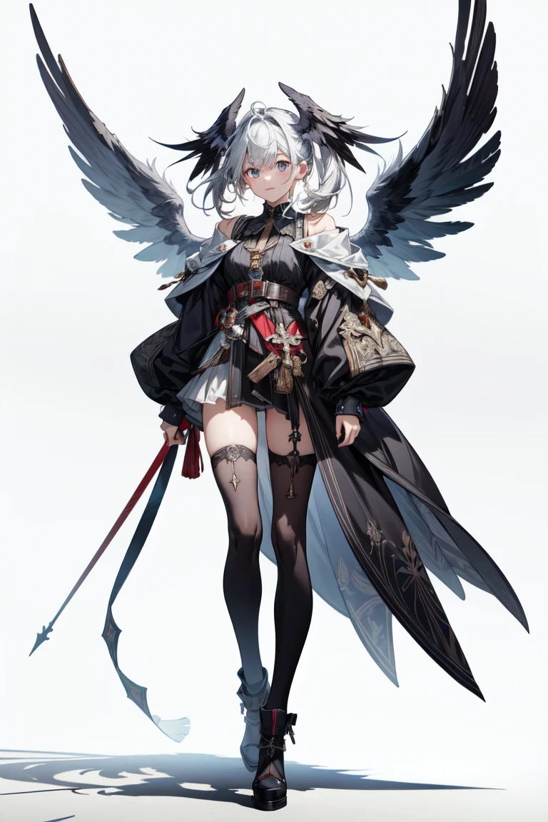  ((best quality)), ((masterpiece)), (detailed), 1girl, off-shoulder, Character design, female, dynamic poses, long white grey hair, grey white eyes, very skinny, detailed, best quality, no accesoires around the neck, no shoes, prominent collarbones, skinny arms, flat stomach, visible hip bones, full body, blank white background, plain background, white background, red and white clothing, Bloodborne inspired, occult aesthetic, occult, detailed and intricate steampunk and detailed gothic, NSFW, Very dramatic and cinematic lighting, cosmic horror, grim-dark, side-lighting, perfect face, NSFW, Fluttering lace flared long knee length dress with frilly petticoats, knee length dress, pleated petticoats, petticoats gothic, complex lace boots, side-lighting, gothic lolita aesthetic, wielding a mighty sword with mechanical components, mandalas, small breasts, a fairy, various different types of insect wings, NSFW, full body, whole body, body, plain background, white background, blank background, no background, white background NSFW, chains, full body, whole body, head-to-toe NSFW 