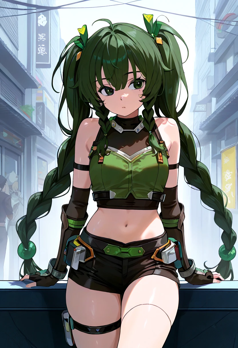 qingyiSDXL,1girl,long hair,gloves,bare shoulders,twintails,very long hair,green eyes,braid,green hair,shorts,black gloves,fingerless gloves,twin braids,crop top,short shorts,black shorts,joints