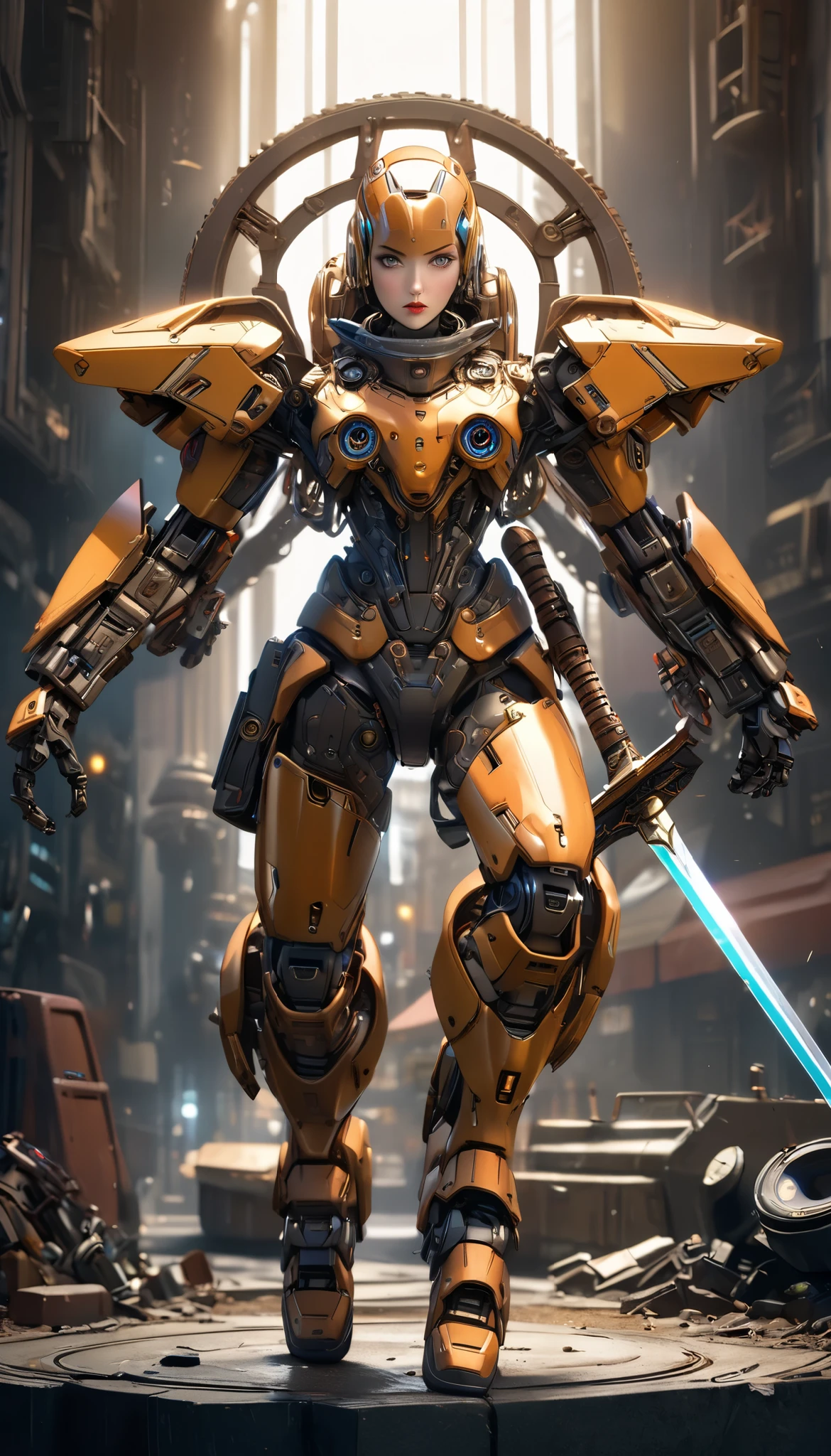 a robot, solo, gladiator, swing the sword, analog, retro, antique, clockpunk, vivid color, cyberpunk, (after raise the sword, attacking with sword:1.3, dynamic, high-speed action, real refraction), (android, Staring at you:1.27, full body shot), (best quality,4k,8k,highres,masterpiece:1.2),ultra-detailed,(realistic,photorealistic,photo-realistic:1.37),extremely detailed eyes and face,beautiful detailed lips,longeyelashes,intricate details,dark moody lighting,warm color tones,dramatic shadows,cinematic composition