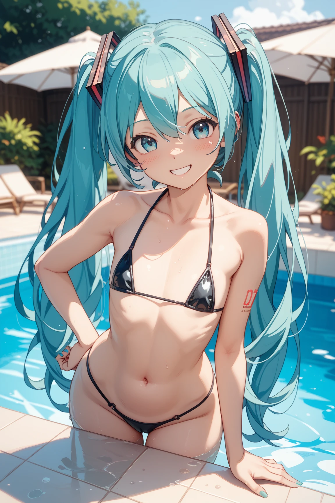 ( Absurd , high quality , Super detailed, Watch your hands )One girl,Hatsune Miku,The physique is thin,Small breasts,Outfit is micro bikini,Location: Poolside,smile