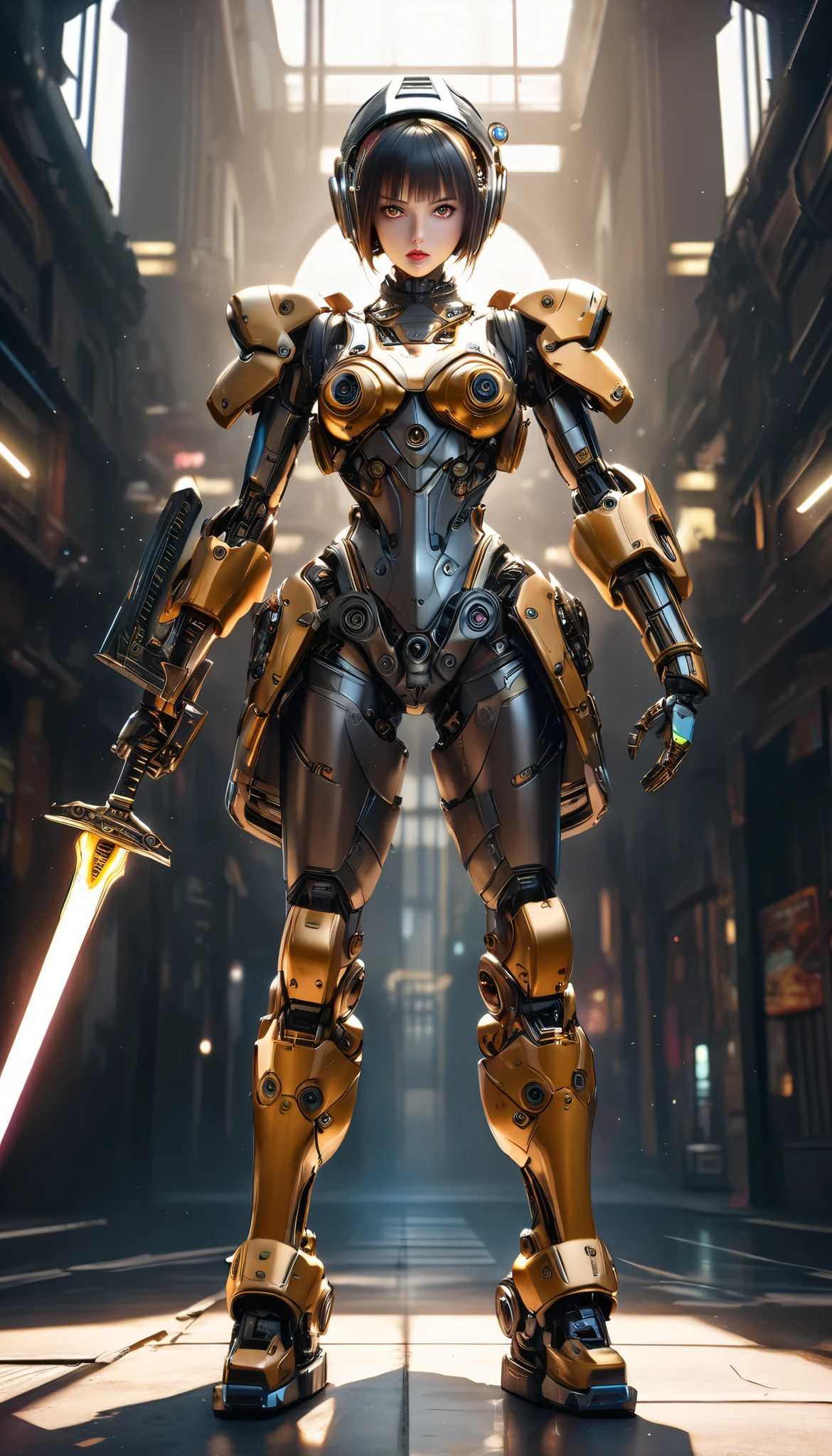 a robot, solo, gladiator, analog, retro, antique, clockpunk, vivid color, cyberpunk, (after raise the sword, attacking with sword:1.3, dynamic, high-speed action, real refraction), (android, Staring at you:1.27, full body shot), (best quality,4k,8k,highres,masterpiece:1.2),ultra-detailed,(realistic,photorealistic,photo-realistic:1.37),extremely detailed eyes and face,beautiful detailed lips,longeyelashes,intricate details,dark moody lighting,warm color tones,dramatic shadows,cinematic composition
