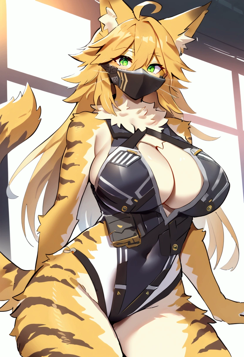 (top quality, best quality, Sollyz, High-quality illustrations, masterpiece, perfect artwork, cinematic light and shading, 16k, 1080p, uploaded on e621)(kemono, furry, anthro, alone), 1 larger female, (very detailed body, face, tail, arms, hands, legs, head and eyes), cat, Pulchra, (Zenless Zone Zero), big breasts, yellow fur, fluffy, striped fur, striped body, cat ears, cat fluffy tail, cat cute hair, perfect eyes, green eyes, black pupils, wearing a mask, beautiful mercenary swimsuit, body movement, body twitching, jiggle physics,