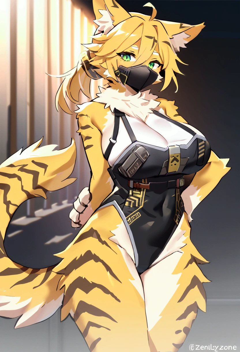 (top quality, best quality, Sollyz, High-quality illustrations, masterpiece, perfect artwork, cinematic light and shading, 16k, 1080p, uploaded on e621)(kemono, furry, anthro, alone), 1 larger female, (very detailed body, face, tail, arms, hands, legs, head and eyes), cat, Pulchra, (Zenless Zone Zero), big breasts, yellow fur, fluffy, striped fur, striped body, cat ears, cat fluffy tail, cat cute hair, perfect eyes, green eyes, black pupils, wearing a mask, beautiful mercenary swimsuit, body movement, body twitching, jiggle physics,