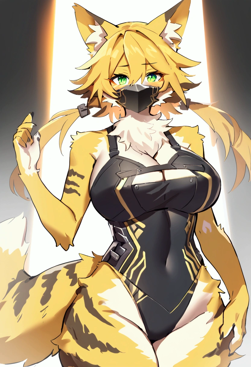 (top quality, best quality, Sollyz, High-quality illustrations, masterpiece, perfect artwork, cinematic light and shading, 16k, 1080p, uploaded on e621)(kemono, furry, anthro, alone), 1 larger female, (very detailed body, face, tail, arms, hands, legs, head and eyes), cat, Pulchra, (Zenless Zone Zero), big breasts, yellow fur, fluffy, striped fur, striped body, cat ears, cat fluffy tail, cat cute hair, perfect eyes, green eyes, black pupils, wearing a mask, beautiful mercenary swimsuit, body movement, body twitching, jiggle physics,