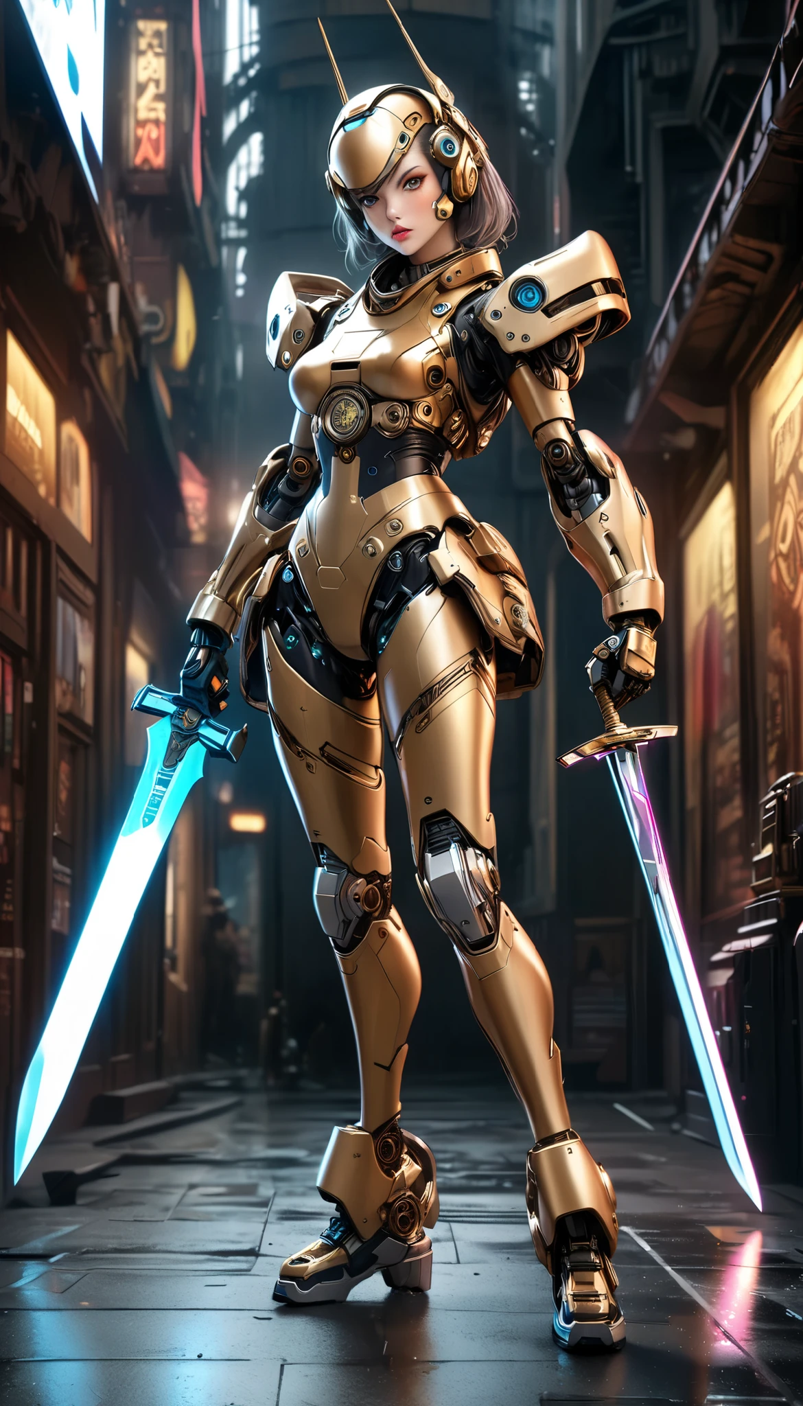 a robot, solo, gladiator, analog, retro, antique, clockpunk, vivid color, cyberpunk, (after raise the sword, attacking with sword:1.3, dynamic, high-speed action, real refraction), (android, Staring at you:1.27, full body shot), (best quality,4k,8k,highres,masterpiece:1.2),ultra-detailed,(realistic,photorealistic,photo-realistic:1.37),extremely detailed eyes and face,beautiful detailed lips,longeyelashes,intricate details,dark moody lighting,warm color tones,dramatic shadows,cinematic composition