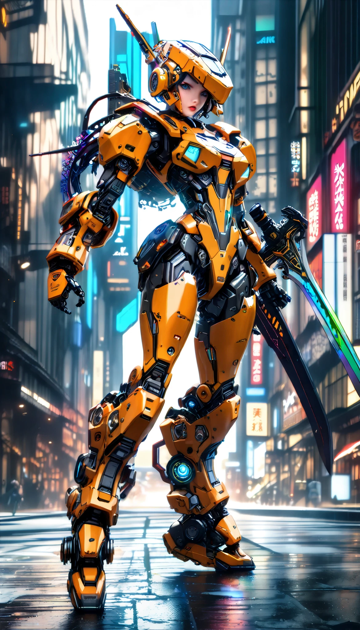 a robot, solo, gladiator, analog, retro, antique, clockpunk, vivid color, cyberpunk, (after raise the sword, attacking with sword:1.5, dynamic, high-speed action:1.3, real refraction), (android, Staring at you:1.27, full body shot), (best quality,4k,8k,highres,masterpiece:1.47),ultra-detailed,(realistic,photorealistic,photo-realistic:1.37),extremely detailed eyes and face,beautiful detailed lips,longeyelashes,intricate details,dark moody lighting,warm color tones,dramatic shadows,cinematic composition