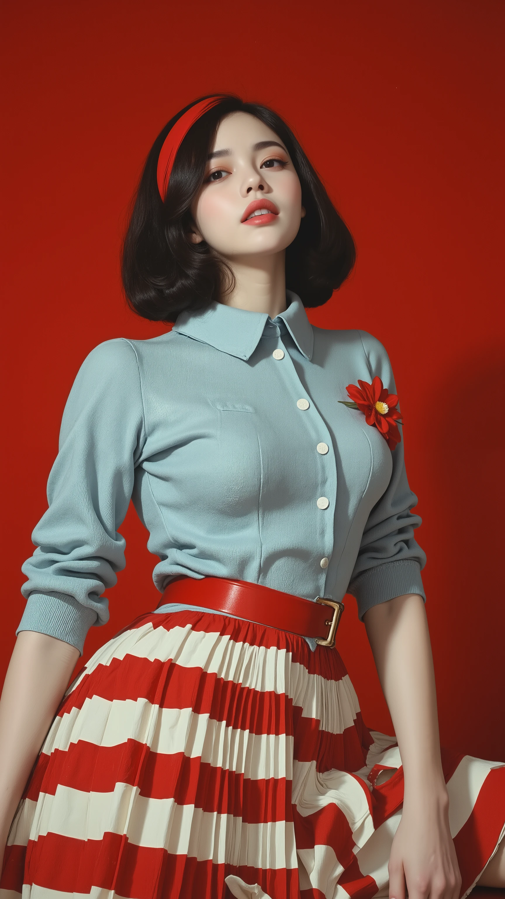 masterpiece, highest quality, woman, ((vintage-style outfit, white skin, black hair, wave bob, red headband, light blue button-down cardigan, pleated red and white striped circular skirt,  retro style)), Surrealism