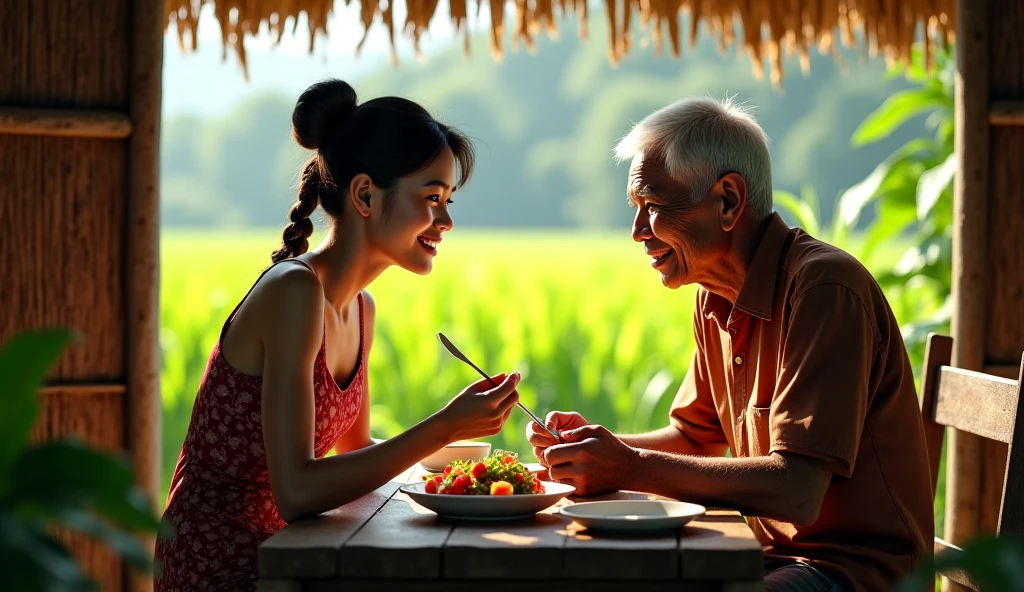 African grandfather wearing beggar hobo clothes dating and carrying Korean woman wearing white tank top and black shorts,eating together with a Korean woman's family in a luxury building