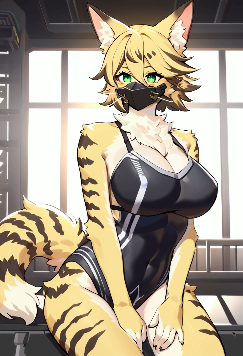 (top quality, best quality, Estper, High-quality illustrations, masterpiece, perfect artwork, cinematic light and shading, 16k, 1080p, uploaded on e621)(kemono, furry, anthro, alone), 1 larger female, (very detailed body, face, tail, arms, hands, legs, head and eyes), cat, Pulchra, (Zenless Zone Zero), big breasts, yellow fur, fluffy, striped fur, striped body, cat ears, cat fluffy tail, cat cute hair, perfect eyes, green eyes, black pupils, wearing a mask, beautiful mercenary swimsuit, body movement, body twitching, jiggle physics,