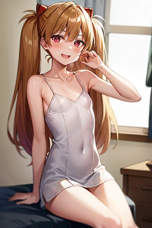 (( top quality )), ((masterpiece)), (be familiar with), perfect face, indoor, bedroom,  watching viewers,
One woman,  Soryu Asuka Langley ,
開いた口,  ecstatic expression beside the piano, blush, smile,
 small tits,  flat chest, Young girl, Lori,  s,  girl,
 long hair,  twin tails,
Leg spread,